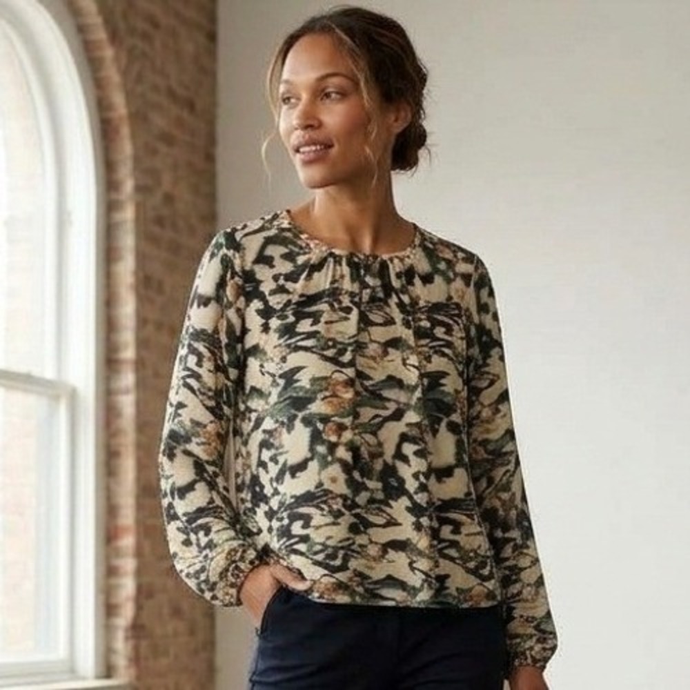 Evereve Blouse Womens Large Multicolor Abstract Long Sleeve Pleated Top